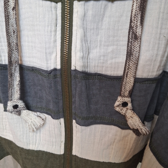 POL Colorblock Olive White Blue Striped 100% Cotton Zip Up Hoodie Boutique Boho - Picture 10 of 13